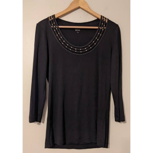 XCVI Black Beaded Lattice Neck Top Size XL - Picture 1 of 6